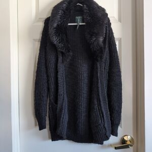 Black slouchy chunky shaggy long cardigan with Penny Lane style faux fur collar